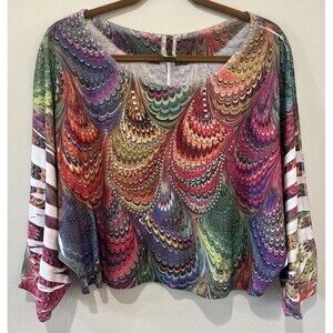 Voice Psychedelic Cropped Blouse Dolman Sleeve Sz M Rhinestone Boho Colorful Top